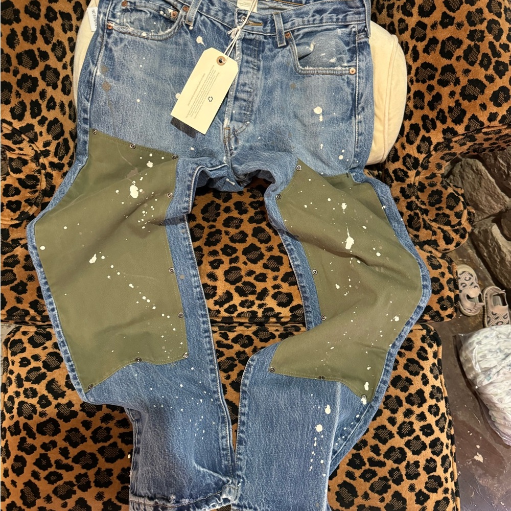 NWT freepeople x Tricia Fix straightleg reworked patched blue jeans; size Medium
